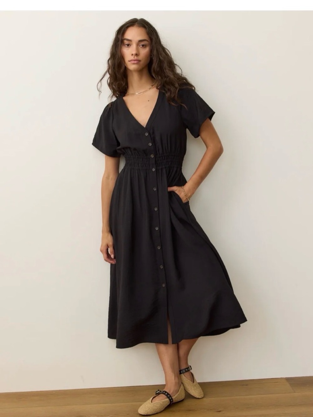 Marine Layer Women’s Black Button-Front V-Neck Midi Dress